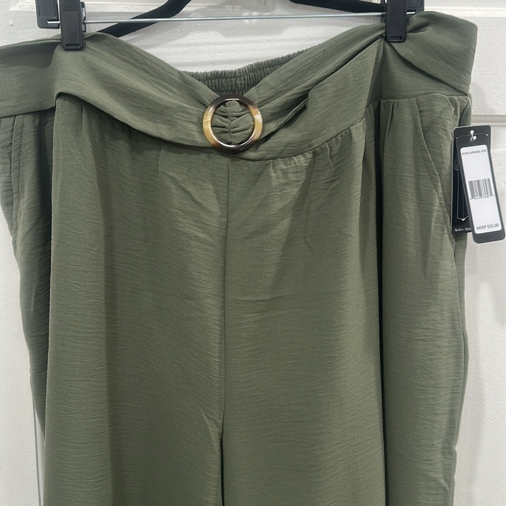 Woman wide leg pants Olive Green Belted Flowy, casual elastic plus size 3X